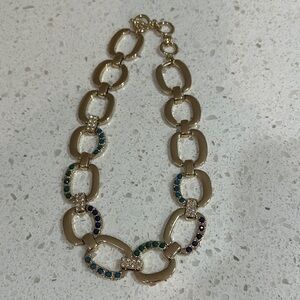 Gold tone chain necklace with blue, turquoise and green stone beads